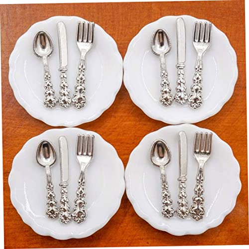 Hemore Miniatur -Tabellengeschirr Mini -Teller Gabeln Löffel Bieger -Set Dollhouse Kitchen Accessoires 4 Sets, Dollhouse Fork Löffel, Miniplatten Gabeln von Hemore