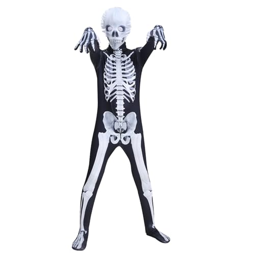 Hemore Skelettkostüm für Kinder, Onesie Skeleton Kostüm Kids, Unisex Skeleton Jumpsuit, gruseliger Skelettbodysuit für Halloween-Cosplay-Party (M, für Höhe 115-125 cm) von Hemore