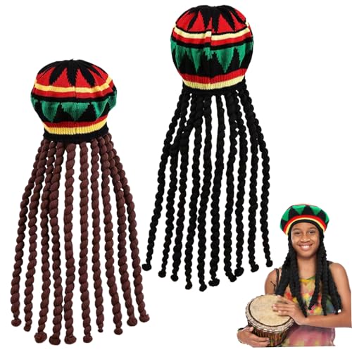 Jamaikanischer Hut, 2pcs traditionelle gestrickte weiche Rasta -Hut mit 18 Zoll langem schwarzer und brauner Dreadlock farbenfrohe, komfortable elastische lustige Dreadlock -Perücke für Party, Cospla von Hemore