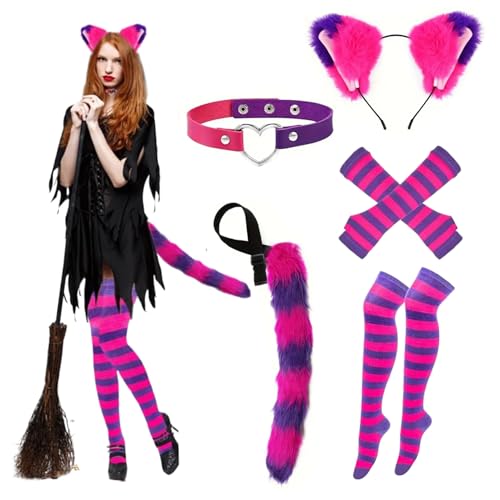 Katzenfrau Kostüm niedlich Katzenfrau Kostüm Outfit mit Katzenohren, pelzigem Schwanz, Socken, Halsholz und Handschuhen Charming Halloween Kostüme für Mädchen Frauen Halloween Party Cosplay, Katzen C von Hemore