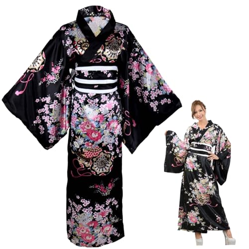 Kimonos für Frauen, Pfingstrosen gedruckt seidige japanische Kimono mit Gürtel, traditionelle japanische Kleidung, Yukata -Robe für Mädchen Cosplay -Party (weiß) von Hemore