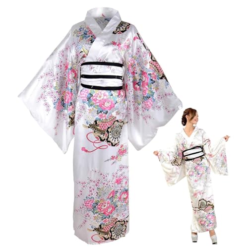 Kimonos für Frauen, Pfingstrosen gedruckt seidige japanische Kimono mit Gürtel, traditionelle japanische Kleidung, Yukata -Robe für Mädchen Cosplay -Party (weiß) von Hemore