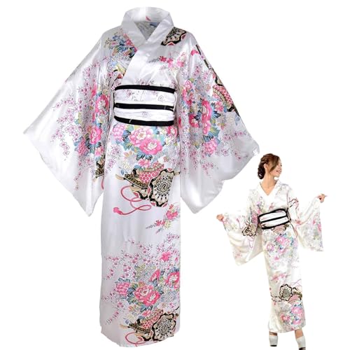 Kimonos für Frauen, Satin Geisha Yukata Kleid mit Gürtel, Blumenmuster japanischer Yukata, traditionelle Blüte Kimono Roben (L, Weiß) von Hemore