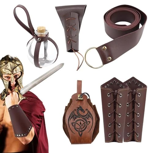 Viking Kostüm Männer 5pcs/Set Leder Halloween mittelalterlicher Kostüm Männer Wanderungen Set Renaissance Fantastische braune Cosplay -Requisiten für Halloween Cosplay -Kostüm, Wikingerkostüm Frauen, von Hemore