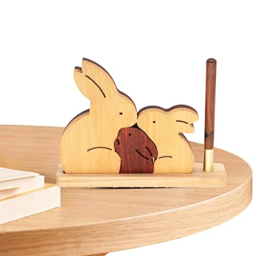 Hasen-Dekor aus Holz, Hasen-Figur aus Holz | 3 Stück Kaninchen-Tierpuzzles für Kinder,Kaninchen-Stifthalter-Dekoration, Kaninchen-Schreibtischdekoration, niedliches Tierpuzzle mit Stift von Hemousy