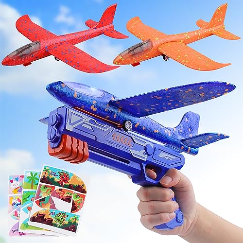 Flugzeugwerfer Spielzeug Set 3 Flugzeuge Schaum Gleiter Launcher Spielzeug mit LED Werfen Gleiter Flugzeug Fliegendes Spielzeug im Freien Schießspiel Geschenke für Kinder Jungen Mädchen Alter 3-12 von Henakmsl