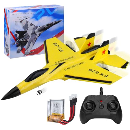 Henakmsl 2.4GHz RC Flugzeug 2CH Ferngesteuerter SU35 Kämpfer RC Flugzeug RTF für Anfänger, Kinder und Erwachsene, FX620 Flugzeug Spielzeug mit Farbigen Lichtern USB-Aufladung Gelb von Henakmsl