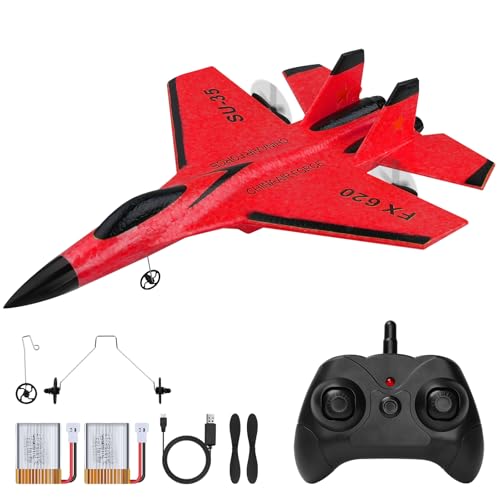 Henakmsl RC Flugzeug 2.4GHz SU35 Kämpfer RC Flugzeug 2CH Ferngesteuerter RTF für Anfänger, Kinder und Erwachsene, FX620 Flugzeug Spielzeug mit Farbigen Lichtern USB-Aufladung Rot von Henakmsl