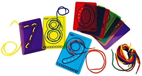 HenBea Zahlen-Kleidung, durchsichtiges Kunststoff-Karten-Set mit Lochungen und Schnürsenkeln, zum Folgen von Strichfiguren, 2 Stück mit 10 Karten und Schnürsenkeln (723T/740T) von Henbea