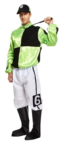 HENBRANDT Jockey-Outfit für Erwachsene, grünes und schwarzes Pferd, mit Schirmmütze und Stiefelüberzügen, Sport-Kostüm, Rennsport-Kostüm, Jockey-Kostüm, Einheitsgröße, Herren-Kostüm von Henbrandt