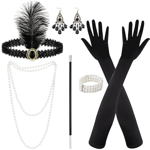 6 Teiliges 20er Jahre Accessoires, 20er Jahre Kostüm Damen 1920 Zubehör Set, Stirnband Handschuhen Perlenkette Ohrringen Armband Accessoires Perfekte für 20er Jahre Kostüm Damen, Karneval, Halloween von Hendpock