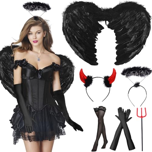 Engelsflügel Schwarz, 6 Stück Teufel Kostüm schwarz Engel kostüm Damen Mädchen mit Engelsflügel Teufelshörner Heiligenschein zauberstab Engel Kostüm für Halloween Cosplay Party Kostümparty Verkleidung von Hendpock