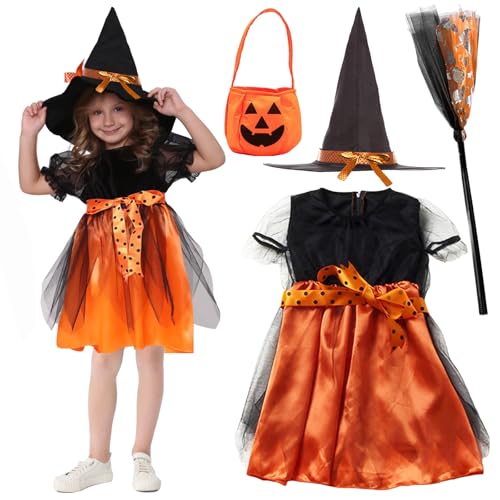Hendpock Halloween Hexenkostüm Kinder,4-teilig Halloween Kostüm Mädchen mit Hexenrock Hexenhut Zauberstab und Kürbis Sammeltasche Cosplay Partyzubehör für Halloween Karneval Maskerade Rollenspiele Hendpock Halloween Hexenkostüm Kinder,4-teilig Halloween Kostüm Mädchen mit Hexenrock Hexenhut Zauberstab und Kürbis Sammeltasche Cosplay Partyzubehör für Halloween Karneval Maskerade Rollenspiele von Hendpock