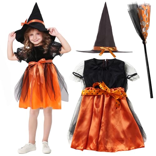 Hendpock Halloween Hexenkostüm Kinder,4-teilig Halloween Kostüm Mädchen mit Hexenrock Hexenhut Zauberstab und Kürbis Sammeltasche Cosplay Partyzubehör für Halloween Karneval Maskerade Rollenspiele von Hendpock