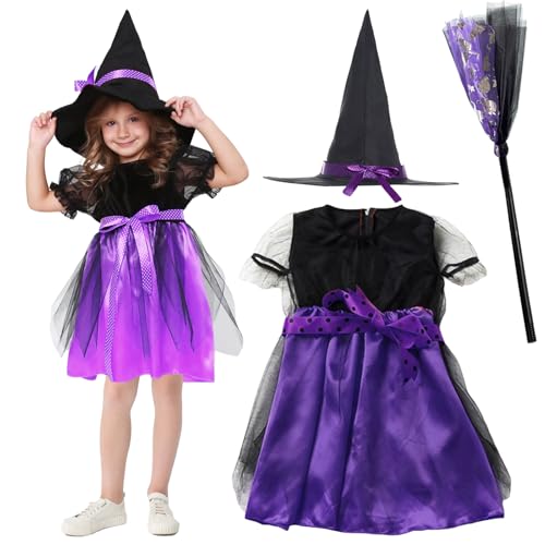 Hendpock Hexenkostüm Kinder, 4-teilig Halloween Kostüm Hexe Mädchen 120cm,Halloween Hexenkleid mit Lila Hexenrock Hexenhut Zauberstab und Kürbis Sammeltasche für Halloween Karneval Party Rollenspiele von Hendpock