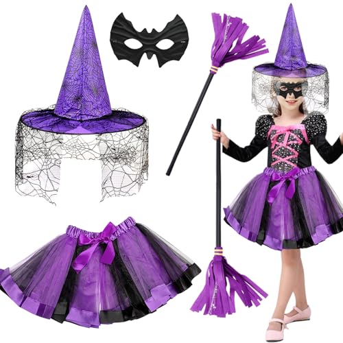 Hendpock Halloween Hexenkostüm Mädchen,Halloween Kostüm Kinder Tütü Hexen Verkleidung Set Hexenkostüm mit Hexenhut Besen Tüllrock Masken Spinnenkostüm kinder Karneval Mottoparty Halloween Cosplay von Hendpock