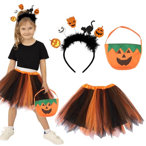 Hendpock Hexenkostüm Kinder,Halloween Kostüm Kinder Mädchen,Hexenkostüm Mädchen Tutu Rock Kürbis Tasche und Haarreif Hexe Kostüm Kinder Tüllrock Spinnenkostüm für Cosplay Halloween Karneval Party von Hendpock