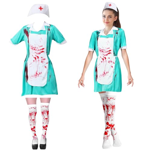 Hendpock Halloween Krankenschwester Kostüm,Halloween Kostüm Damen Zombie Krankenschwester Horror Krankenschwester Kostüm-Outfits Set Schürze und Strümpfe Haube für Halloween Karneval Cosplay Party von Hendpock