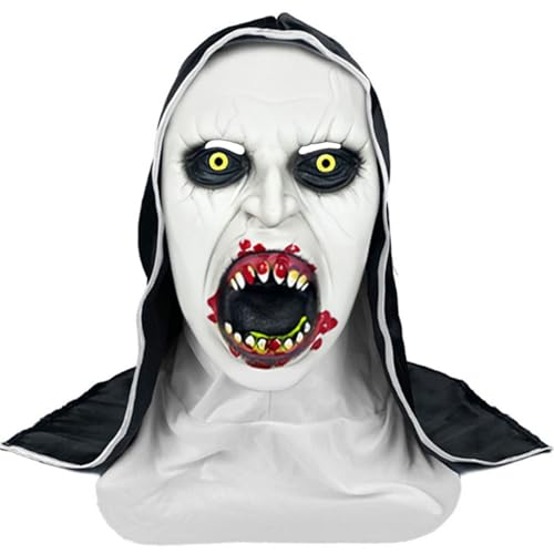 Hendpock Halloween Nonnen Maske,Halloween Nonnen Kostüm Damen Gruselige Nonne Vollkopfmaske Erwachsene mit Maske Kreuzkette Gürtel Skelett Masken für Halloween Karneva Cosplay Kostümpartys von Hendpock