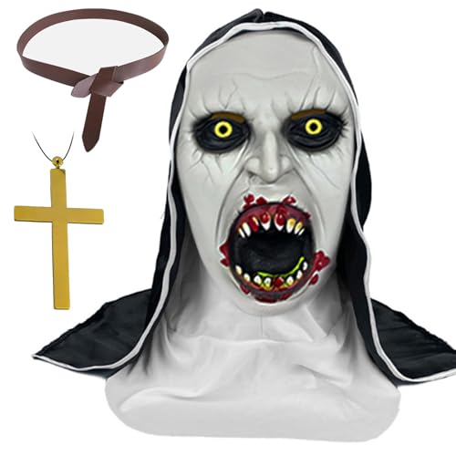 Hendpock Halloween Nonnen Maske,Halloween Nonnen Kostüm Damen Gruselige Nonne Vollkopfmaske Erwachsene mit Maske Kreuzkette Gürtel Skelett Masken für Halloween Karneva Cosplay Kostümpartys von Hendpock