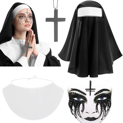 Hendpock Halloween Nonnen Kostüm Damen,Horror Nonnenkostüm Halloween Kostüm mit Nonnenhaube Kopfbedeckung Kragen Kreuzkette Glitzersteine Tattoo Gothic Nonne Kostüm Erwachsene für Karneval Cosplay von Hendpock