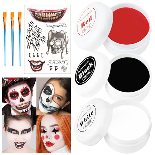 Hendpock Halloween Schminke,150gHalloween Clown Makeup Schwarz Weiß Rot Tattoos 3 Schminkpinsel,Körperfarbe Gesichtsfarbe Halloween Theaterschminke Cosplay Vampir Zombie Skelett Clown Make Up von Hendpock