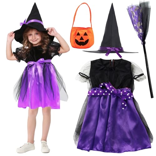Hendpock Hexenkostüm Kinder, 4-teilig Halloween Kostüm Hexe Mädchen 120cm,Halloween Hexenkleid mit Lila Hexenrock Hexenhut Zauberstab und Kürbis Sammeltasche für Halloween Karneval Party Rollenspiele Hendpock Hexenkostüm Kinder, 4-teilig Halloween Kostüm Hexe Mädchen 120cm,Halloween Hexenkleid mit Lila Hexenrock Hexenhut Zauberstab und Kürbis Sammeltasche für Halloween Karneval Party Rollenspiele von Hendpock