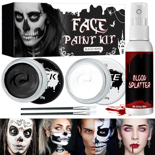 Hendpock Halloween Schminke Schwarz Weiß 40g,Kinderschminke Karnevals Make up Set 20g Kunstblut Halloween,Face Paint Körperfarbe Gesichtsfarbe für Theaterschminke Cosplay Vampir Skelett Clown Party von Hendpock