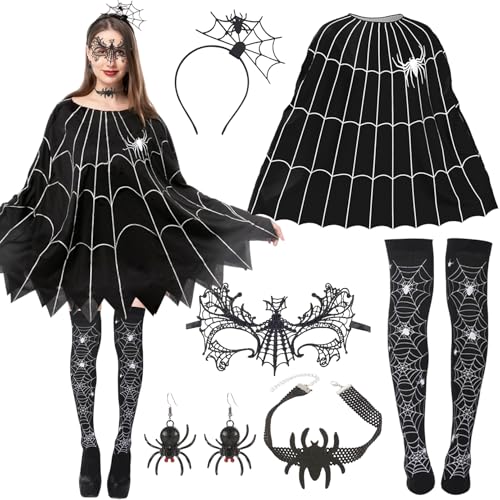 Halloween Spinne Kostüm, 6 Stück Spinne Kostüm Damen Halloween Kostüm Damen Spinnennetz Umhang Spinne Maske, Ohrringe, Haarreif, Spinne Kostüm Set für Erwachsene Halloween Fasching Karneval Cosplay von Hendpock