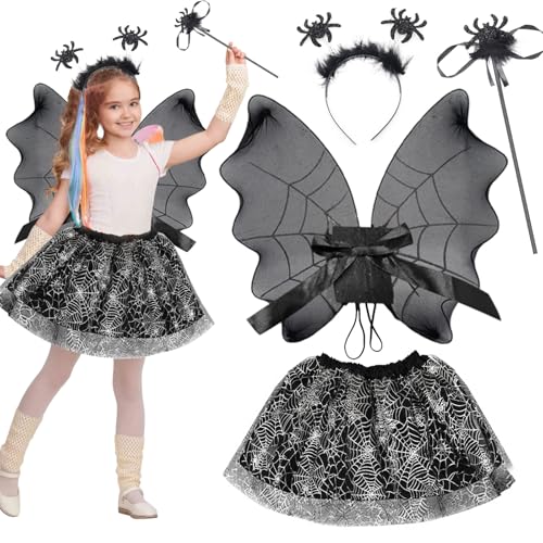 Hendpock Halloween Fledermaus Kostüm Kinder,Fledermauskostüm Fledermaus Flügel Kostüm mit Haareif Zauberstab Spinne Tutu Rock Spinne Halloween Kostüm Kinder Mädchen für Halloween Karneval Cosplay von Hendpock