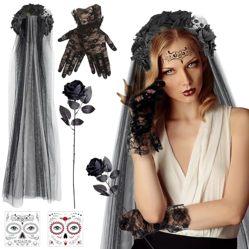 Hendpock Tag der Toten Haarreif,Halloween Kostüm Damen Dia De Los Muertos Haarreif Spitzenhandschuhe Schwarz Halloween Tattoo Gesicht Künstliche Blumen Rose für Halloween Karneval Gothic-Cosplay von Hendpock