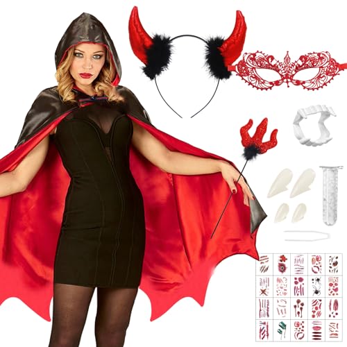 Hendpock Teufel Kostüm Damen,Halloween Vampir Umhang Schwarz Rot Cape Tod Hexe Umhang mit Teufelsgabel Teufelshörner Temporäre Tattoo Vampirzähne Faschingskostüme für Karneval Masquerade Cosplay von Hendpock