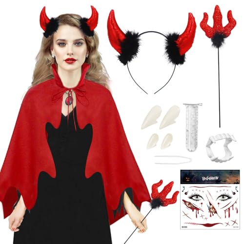 Hendpock Teufel Kostüm Damen,Halloween Vampir Teufel Umhang Rot,Faschingskostüme Frauen Teufel mit Teufelsgabel Haarreif Teufelshörner Vampir Zähne Gesichtsaufkleber für Karneval Masquerade Cosplay von Hendpock