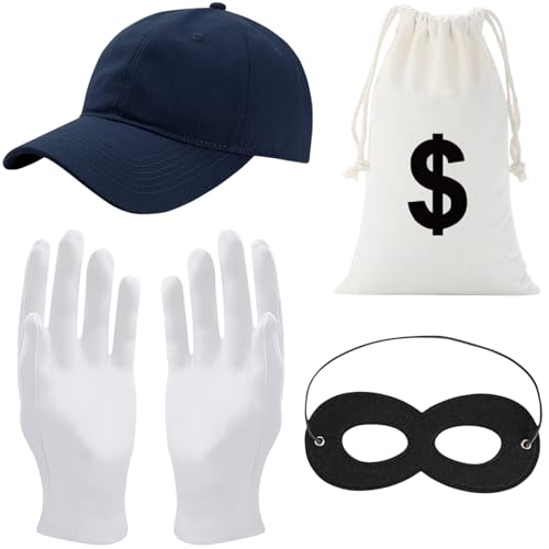 Panzerknacker Kostüm Accessoire,4 Stk Dieb Maske+Cap+Handschuhe +Geldsack,Bankräuber Kostüm,Cosplay Einbrecher Kostüm,Halloween Räuber Kostüm Verkleidung Erwachsene Halloween Karneval Cosplay Fasching von Hendpock