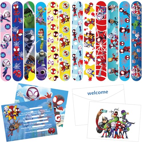 Spider Kinder Mitgebsel 12 Schnapparmbänder 12 Einladungskarten 12 Umschläg Einladung für Kinder Hero Party Kinder Spielzeug Party Mitgebsel für Kindergeschenke Geburtstags Party Zubehör von Hendpock