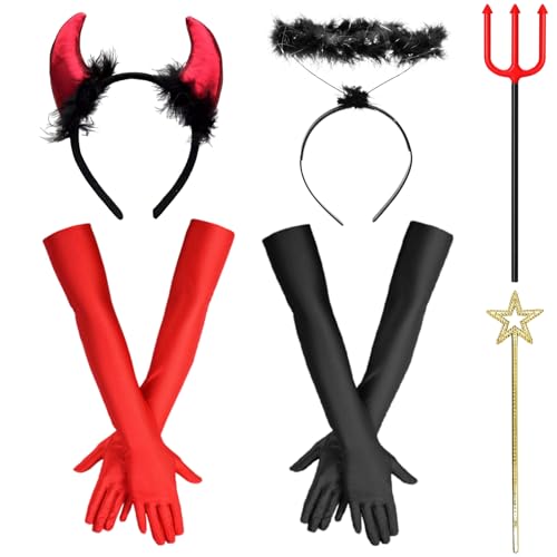 Teufel kostüm Damen Mädchen, 6-Teiliges Teufel Kostüm Damen Halloween Accessoires, Lange Handschuhe Damen Teufelshörner,Heiligenschein Haarreifen Dreizack Zauberstab für Halloween Cosplay Verkleidung von Hendpock