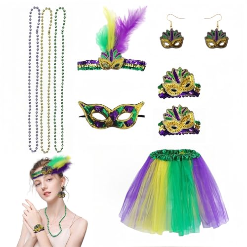 HenfuME Damen KostüM Fasching,10-Teiliges Set KarnevalskostüM Damen,Karneval KostüM MäDchen,TüLlrock Damen GrüN,TüLlrock Karneval,StirnbäNder, ArmbäNder, Masken FüR Fasching Mottoparty von HenfuME