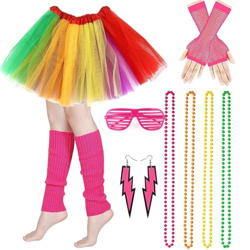 Teiliges Set Damen KostüM Fasching,12-Karneval KostüM MäDchen,KarnevalskostüM Damen,TüLlrock Karneval,Regenbogen KostüM Mit Overknee-Socken, Fingerlose Handschuhe, Brillen FüR Fasching Mottoparty von HenfuME