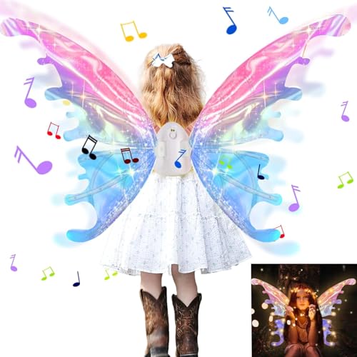 Elektrisch Feenflügel Kinder, Schmetterlingsflügel Kinder mit LED Licht & Musik, Fairy Wings für Feenflügel Erwachsene Cosplay, Weihnachtsgeschenke, Karneval Kostüm Feen (Batterie Enthalten) von Hengrongshen