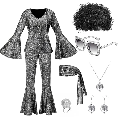 Hengrongshen Disco Outfit Damen, 70er Jahre Outfit Damen, Top und Hose, Hippie Kostüm Damen mit Accessoires, Disco Kostüm Damen für 60er 80er 70er 90er Jahre Themenparty (L) von Hengrongshen