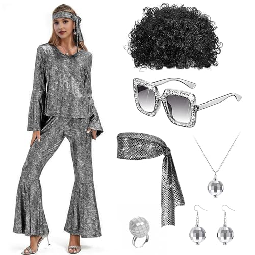 Hengrongshen Disco Outfit Damen, 70er Jahre Outfit Damen, Top und Hose, Hippie Kostüm Damen mit Accessoires, Disco Kostüm Damen für 60er 80er 70er 90er Jahre Themenparty (M) von Hengrongshen