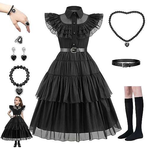 Hengrongshen Mittwochskostüm für Kinder, Mädchen Halloween Kostüm, Mädchen-Halloween Kostüm für Mittwoch, Addans-Kleid, Gothic Lolita Kleid, Mädchen, Mittwochskostüm (120) von Hengrongshen