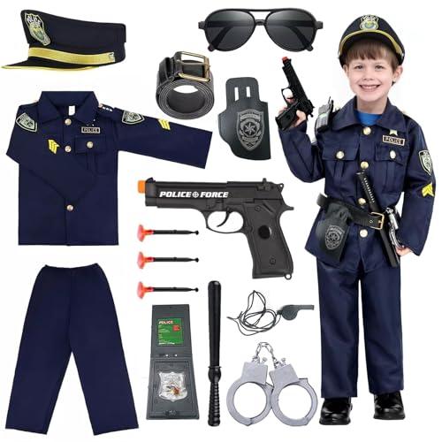 Hengrongshen Polizei Kostüm Kinder Polizei Set mit Polizeimütze Handschellen Halfter Trillerpfeife, Polizei Spielzeug für Jungen Halloween Spielzeug Kinder Karneval Cosplay für 10 bis 13 Jahre von Hengrongshen