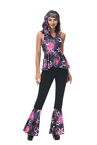 Hengzhifeng Disco Kostüm Damen 70er jahre Bekleidung Fasching Hippie Kostüm Karneval (3X-Large, Star Schwarz) von Hengzhifeng