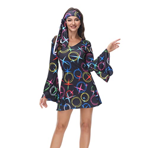 Hengzhifeng Disco Kostüm Damen 70er jahre Kleid Fasching Hippie Kostüm Karneval (Large, Circle Schwarz) von Hengzhifeng