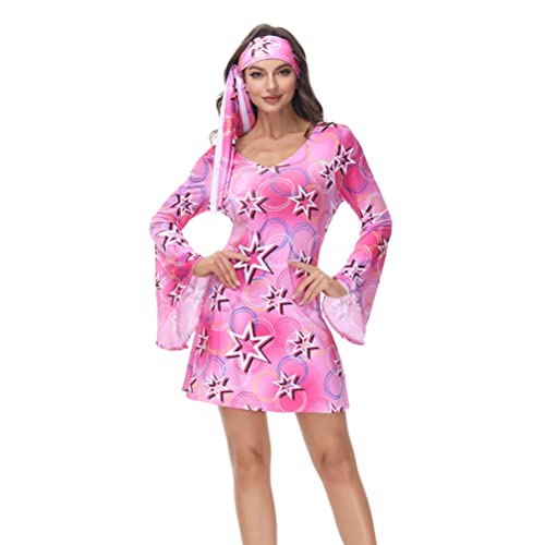 Hengzhifeng Disco Kostüm Damen 70er jahre Kleid Fasching Hippie Kostüm Karneval (X-Large, Star Rosa) von Hengzhifeng