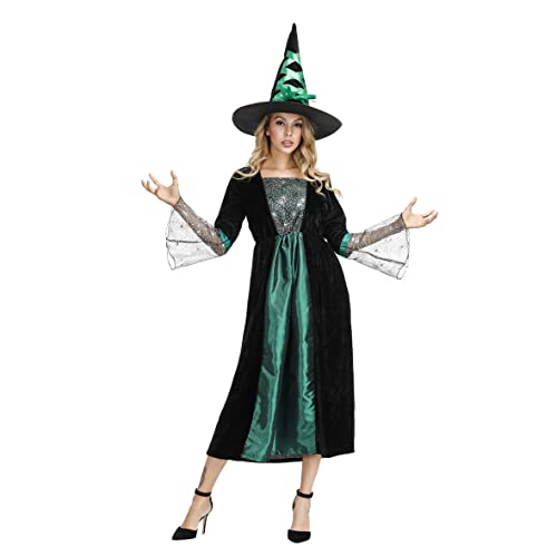 Hengzhifeng Hexe Kostüm Damen Witcher Halloween Fasching Karnevalskostüm (Medium, Grün) von Hengzhifeng