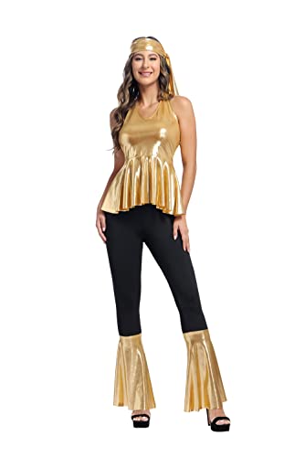 Hengzhifeng Kostüm Disco Damen 70er jahre Bekleidung Fasching Hippie Kostüm Karneval (X-Large, Gold) von Hengzhifeng