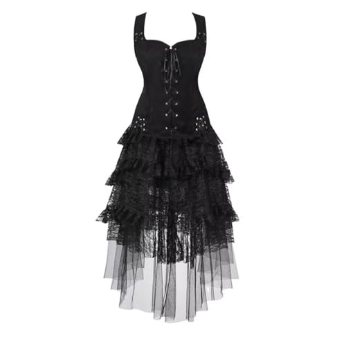 Hengzhifeng Pirate Weste Damen mit Steampunk Spitzenrock Gothic Renaissance Costume Karneval Piratenkostüm (EUR 34-36,Schwarz) von Hengzhifeng