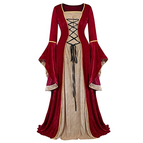 Hengzhifeng Renaissance Kleid Damen Mittelalter Kostüm Gothic Halloween Karnevalskostüm (Large, Weinrot) von Hengzhifeng